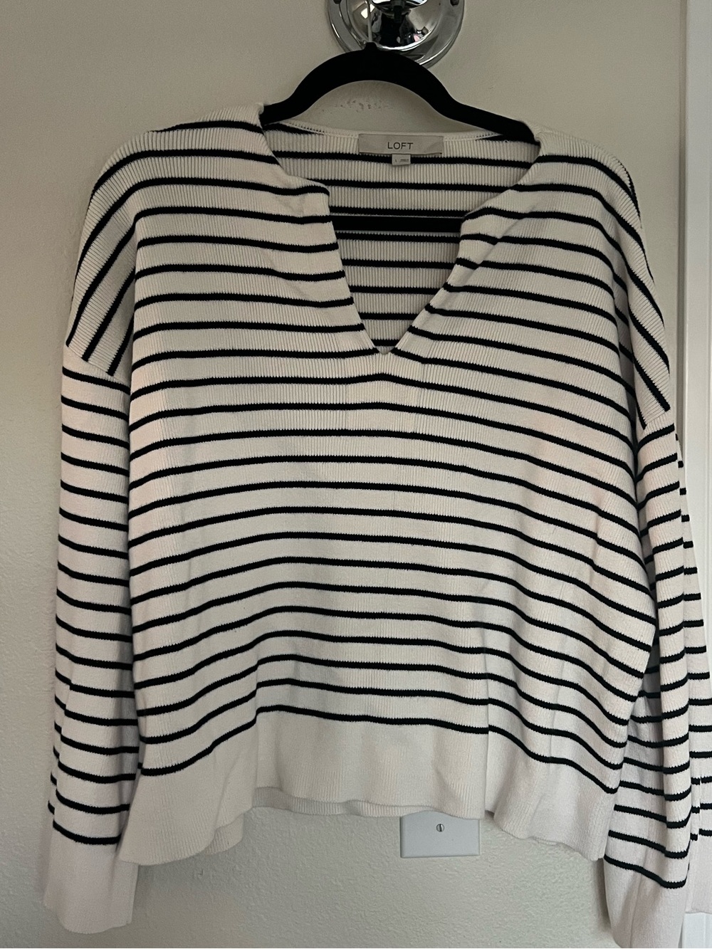 LOFT Cream and Black Striped V-Neck Pullover